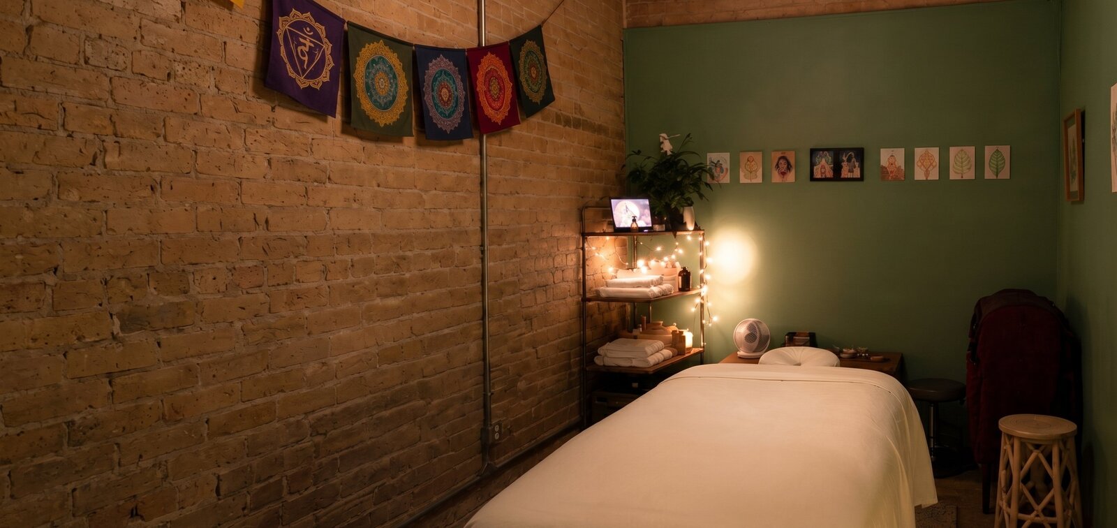 Warm, candle-lit massage room with exposed brick